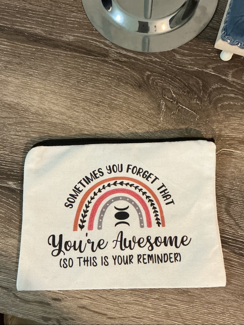 Inspirational 'You're Awesome' Canvas Pouch in Cream Pink Black Rainbow 9x7 NEW